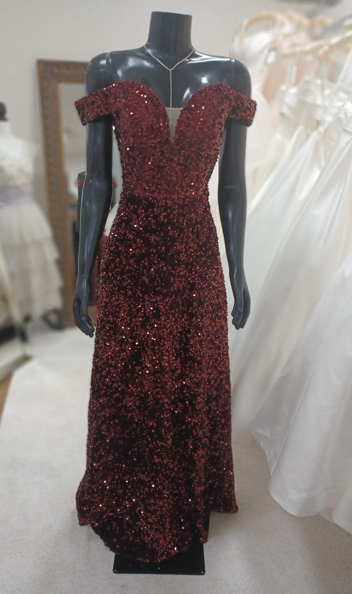 P010- Merlot Floor Length Sequin Gown, V-Notch Off-Shoulder