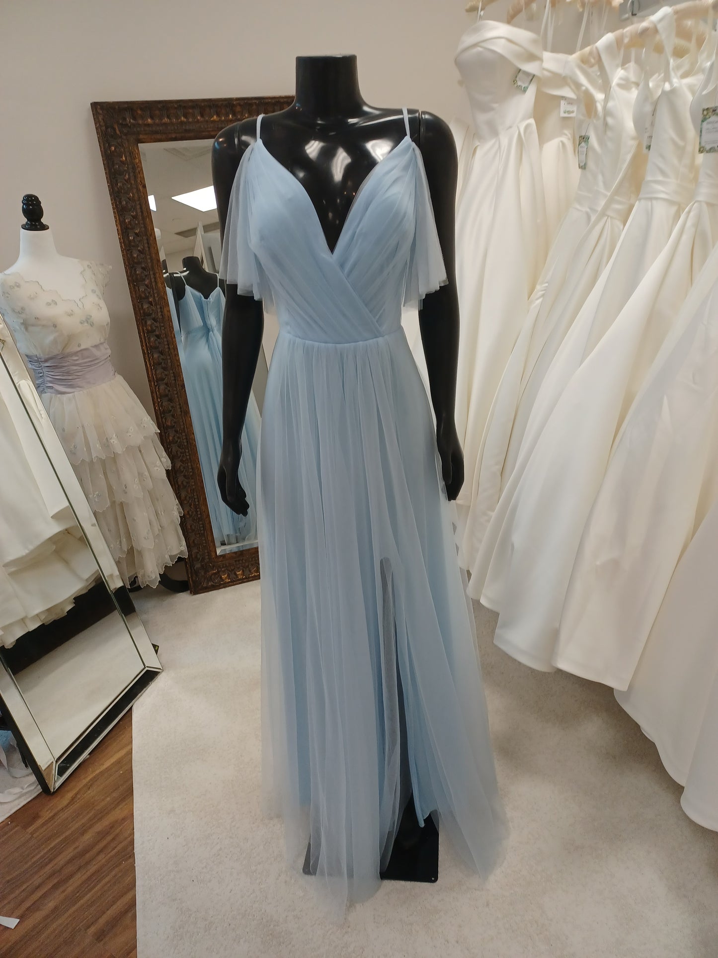 BM003-Mineral Blue Bridesmaids dress with Deep V-neck & Cold Shoulder