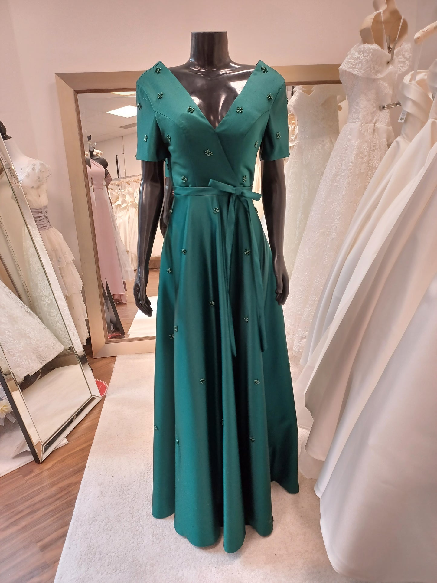M001- Emerald Green Short Sleeve Faux-Wrap Hand Beaded Floor Length Gown