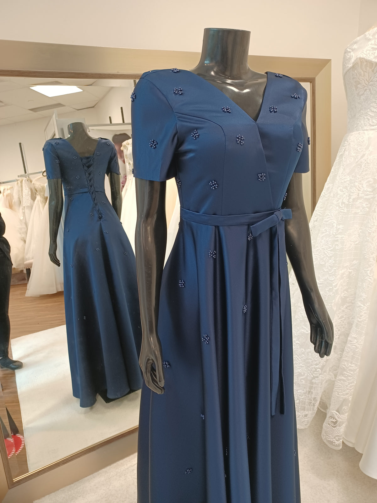 M001-Navy Blue Short Sleeve Faux-Wrap Hand Beaded Floor Length Gown