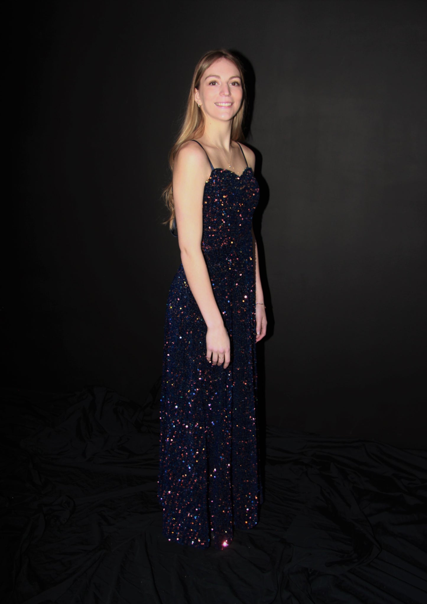 P003-Navy Aurora Borealis Sequin Spaghetti Strap