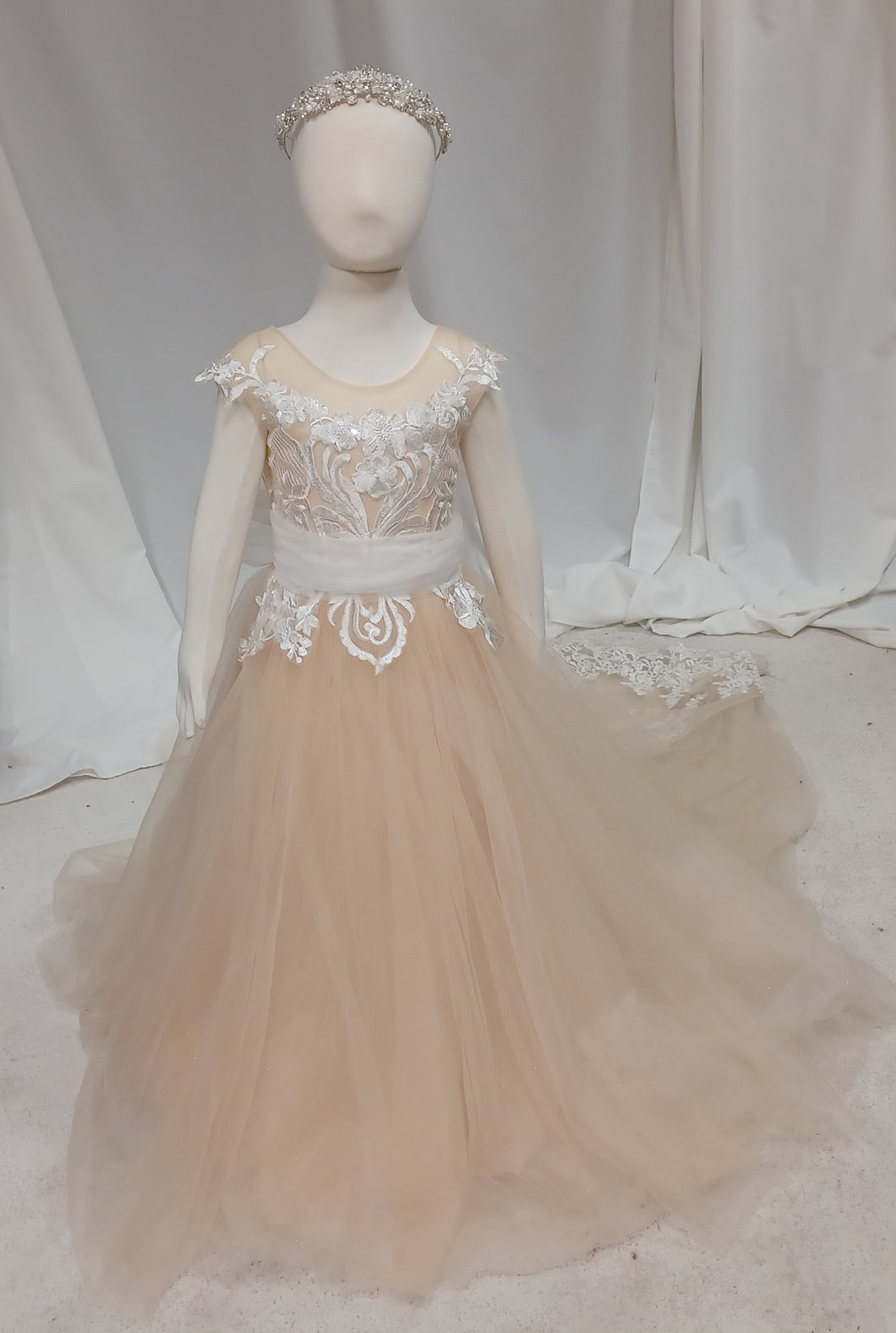 Aurora - Sleeveless Peach Dress with Lace applique & Lace train
