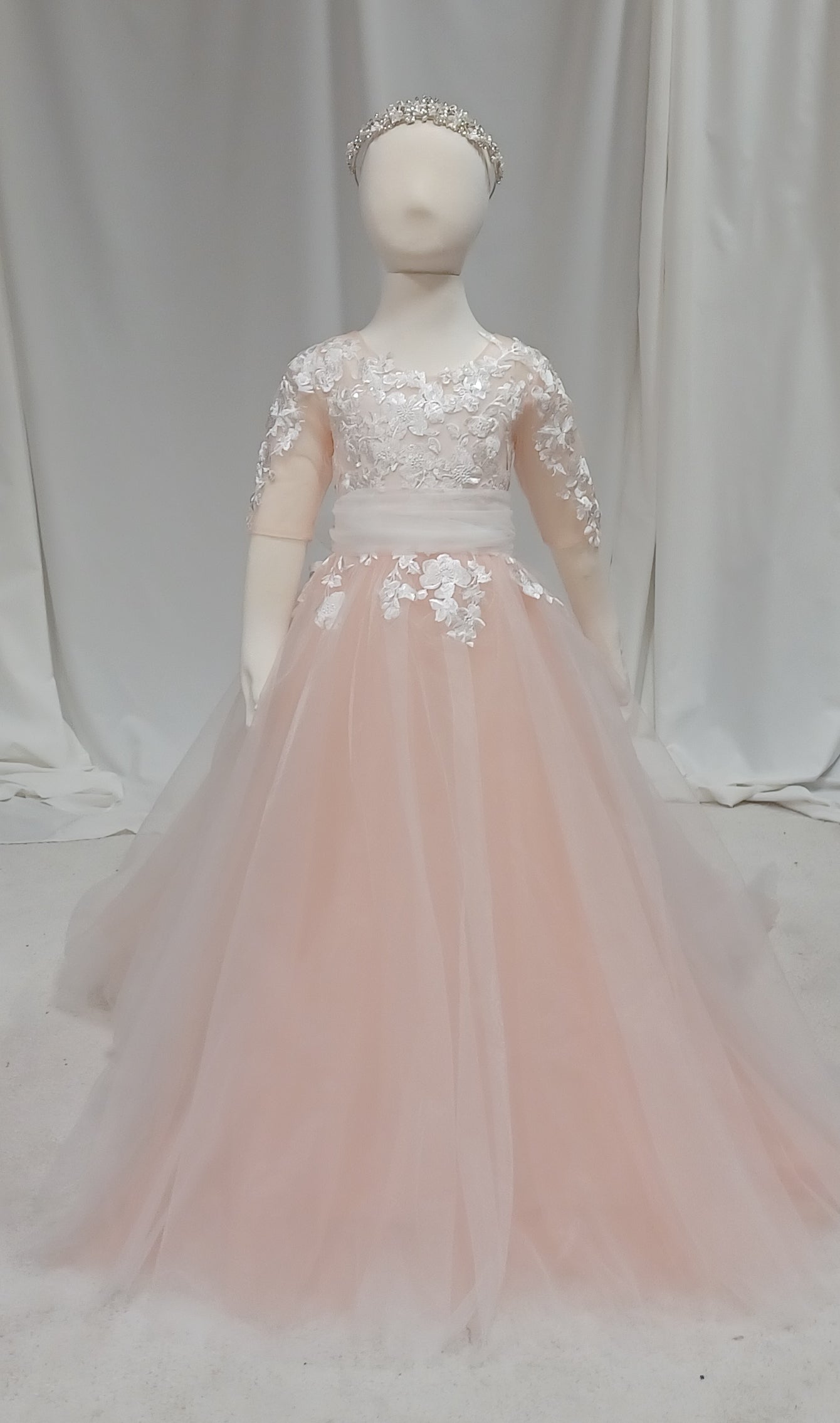Ariel -Long Sleeve Blush Lace Applique & Train