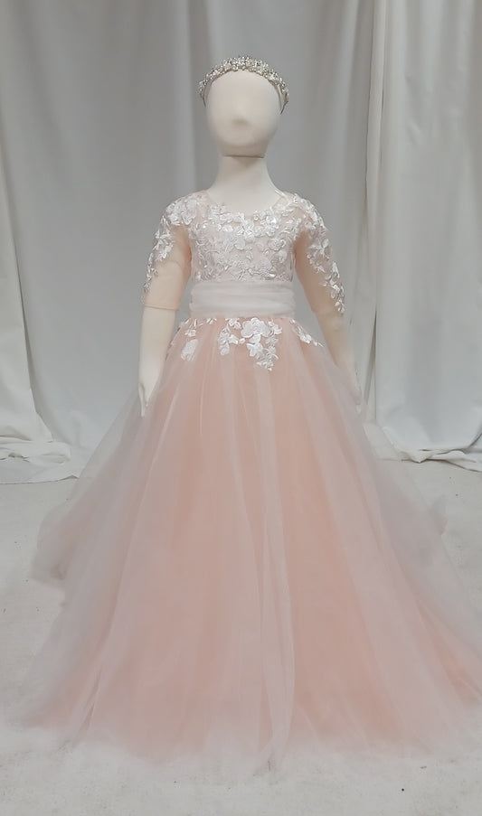 Ariel -Long Sleeve Blush Lace Applique & Train