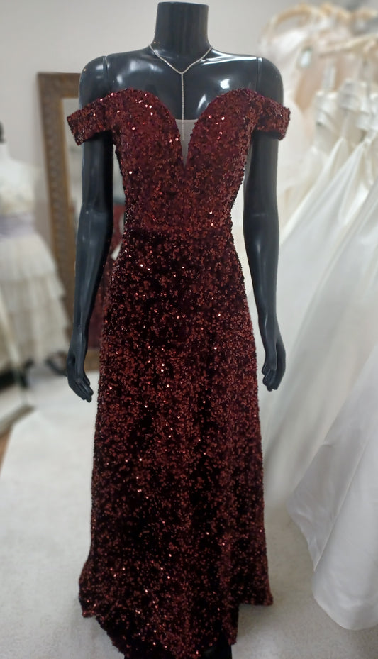 P010- Merlot  Floor Length Sequin Gown, V-Notch Off-Shoulder