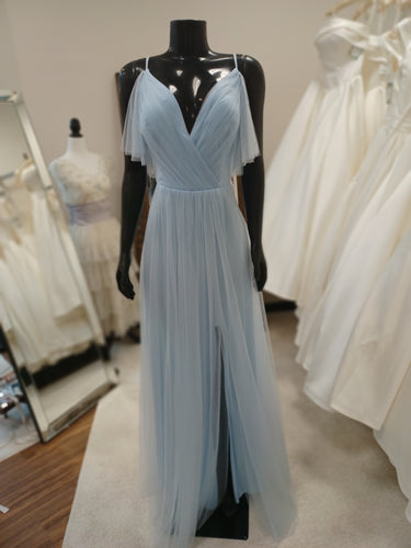 BM003-Mineral Blue Bridesmaids dress with Deep V-neck & Cold Shoulder