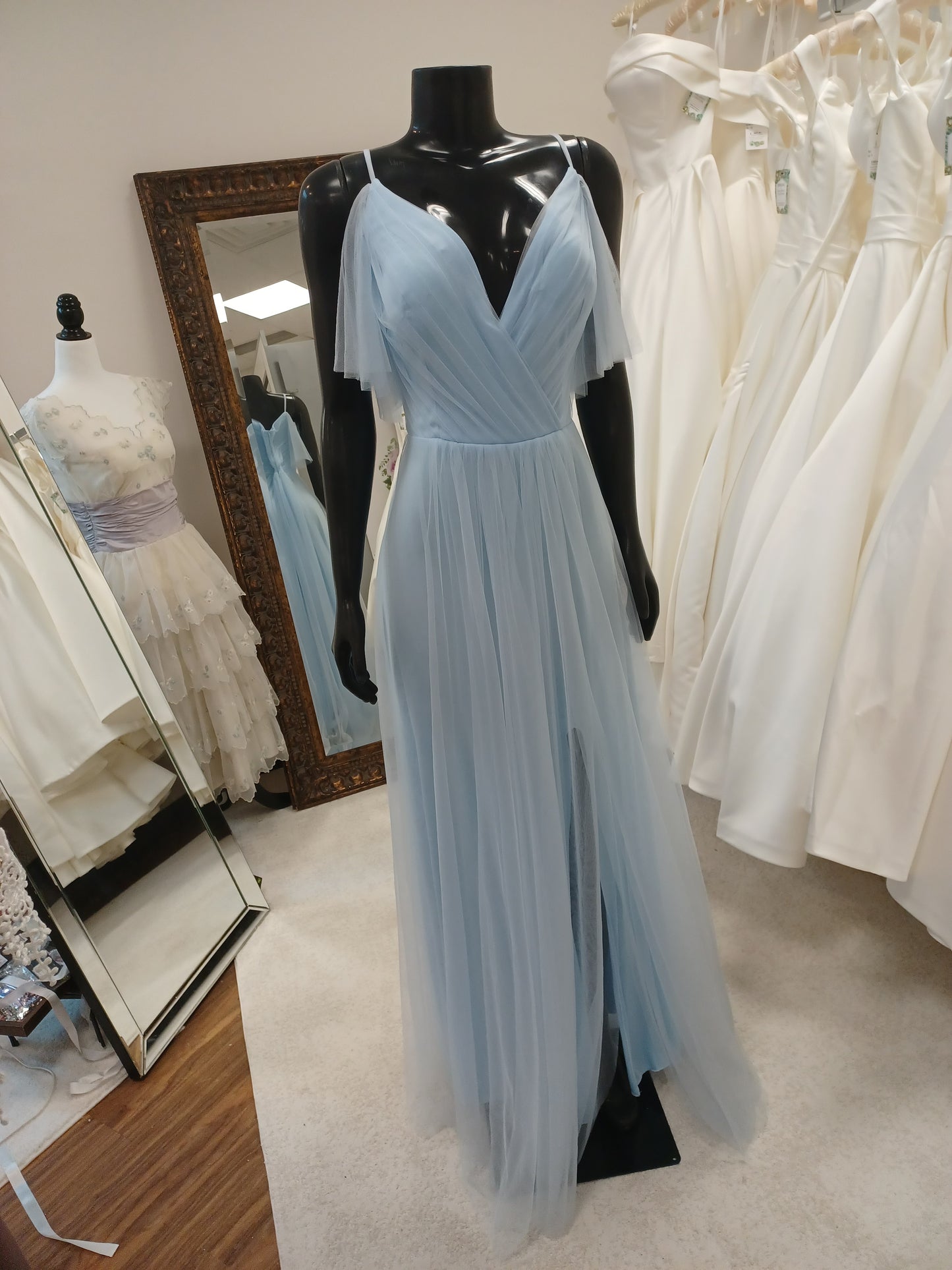 BM003-Mineral Blue Bridesmaids dress with Deep V-neck & Cold Shoulder