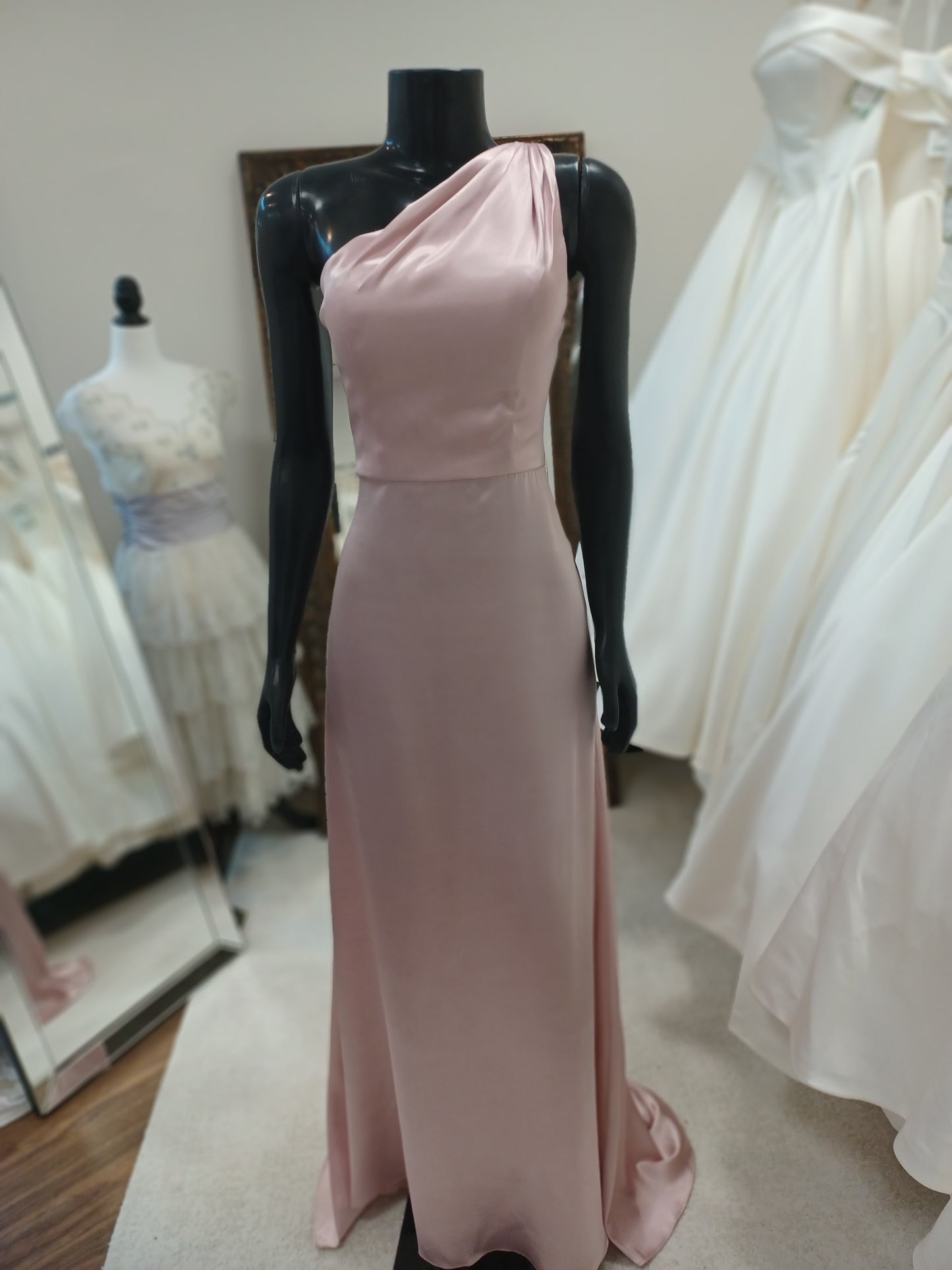 BM011-Ballet Pink Silk One Shoulder Bridesmaid Dress