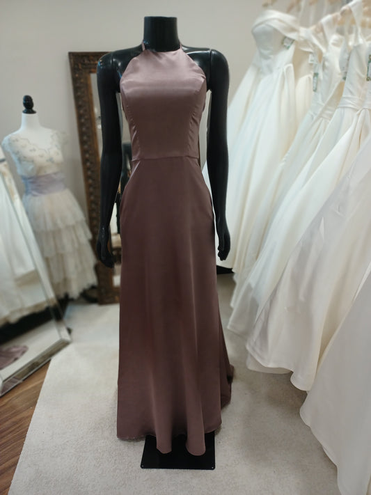 BM009-Mocha Silk Bridesmaid dress with Halter top
