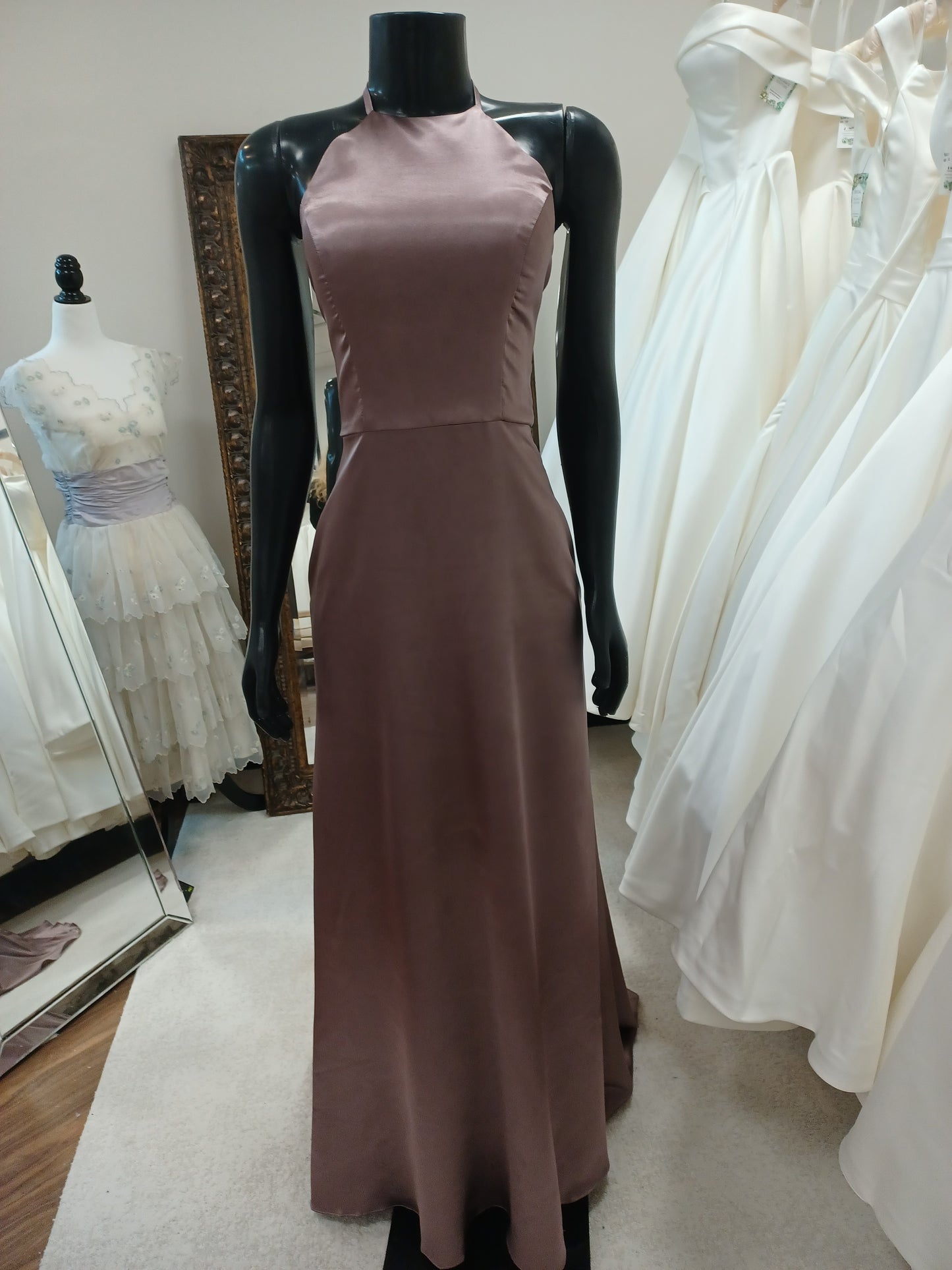 BM009-Mocha Silk Bridesmaid dress with Halter top