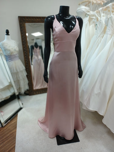 BM008-Ballet Pink Silk Bridesmaid dress with V-neck and Waist Panel