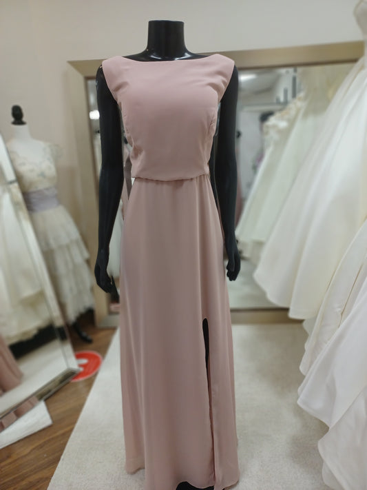 BM021- Dusty Rose Chiffon  High, Boat Neck&Slit Bridesmaid Dress