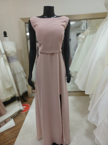 BM021- Dusty Rose Chiffon  High, Boat Neck&Slit Bridesmaid Dress