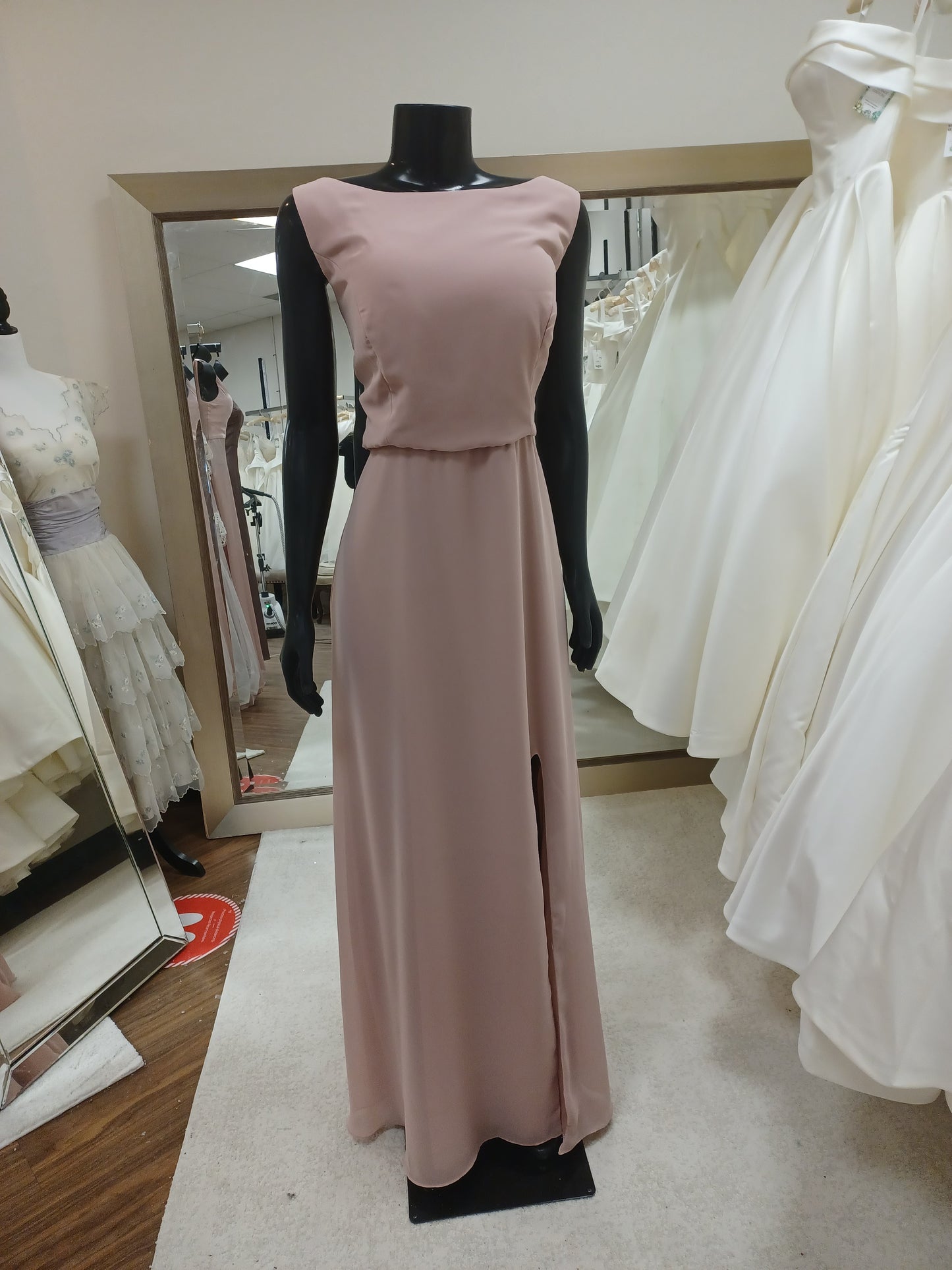 BM021- Dusty Rose Chiffon  High, Boat Neck&Slit Bridesmaid Dress