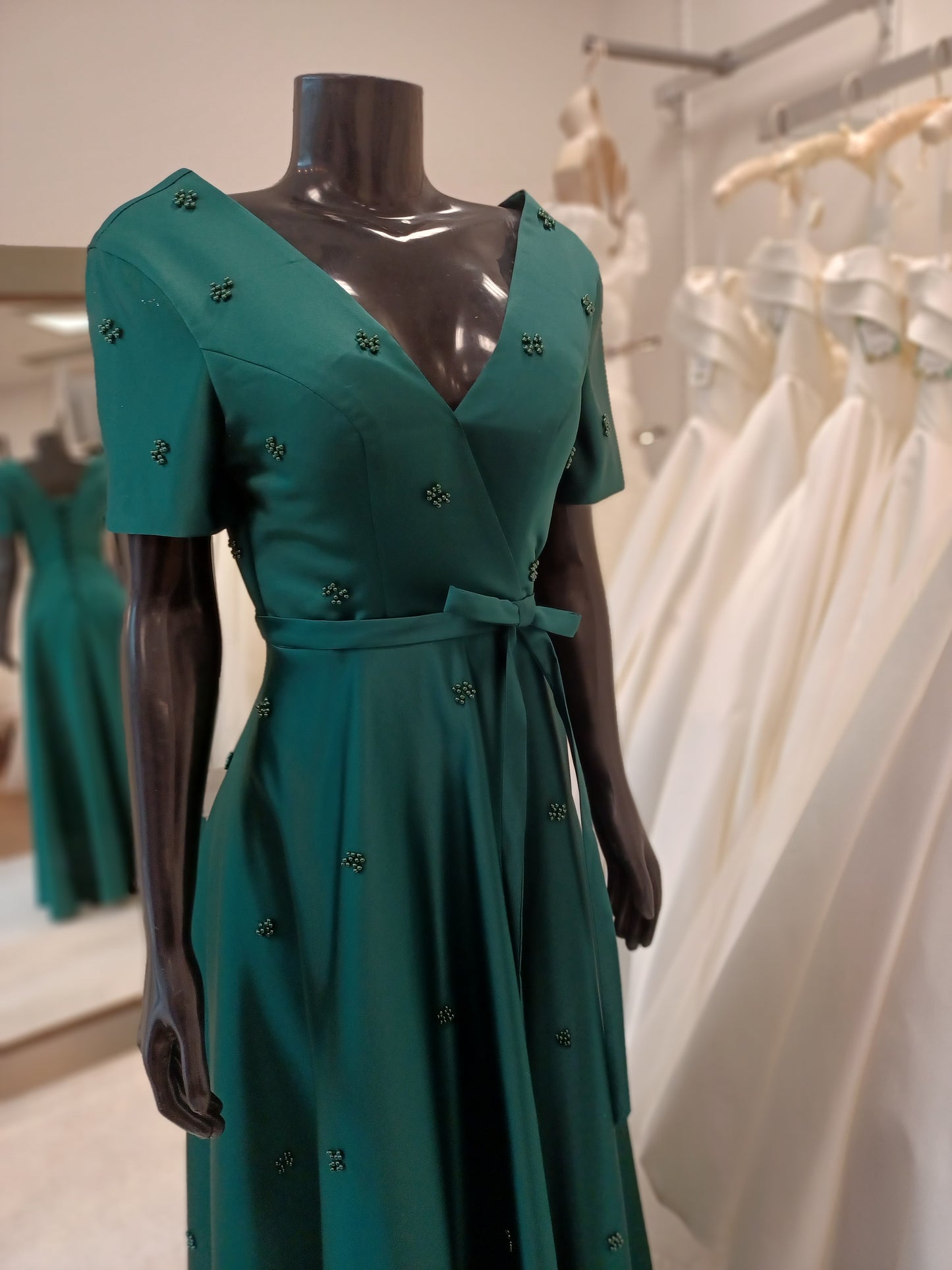 M001- Emerald Green Short Sleeve Faux-Wrap  Hand Beaded Floor Length Gown