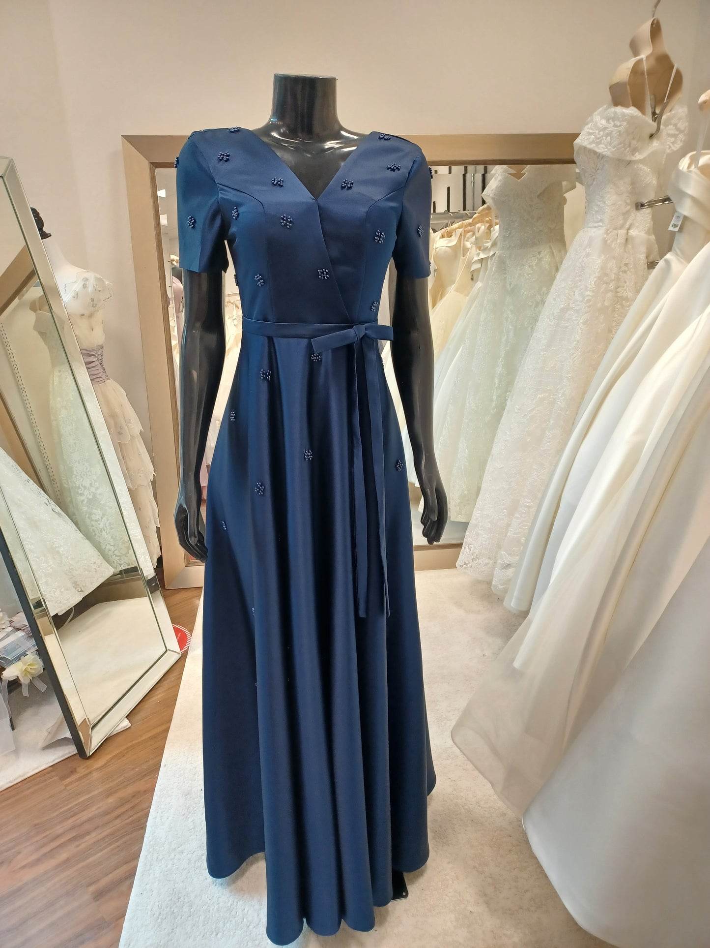 M001-Navy Blue Short Sleeve Faux-Wrap  Hand Beaded Floor Length Gown