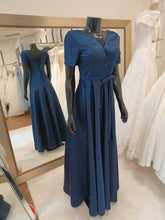 Load image into Gallery viewer, M001-Navy Blue Short Sleeve Faux-Wrap  Hand Beaded Floor Length Gown