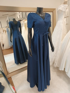M001-Navy Blue Short Sleeve Faux-Wrap  Hand Beaded Floor Length Gown