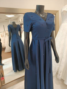 M001-Navy Blue Short Sleeve Faux-Wrap  Hand Beaded Floor Length Gown