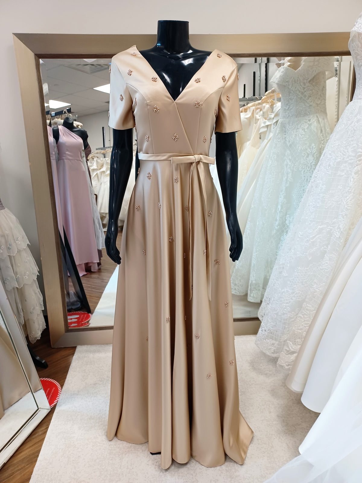 M001-Champagne  Short Sleeve Faux-Wrap  Hand Beaded Floor Length Gown