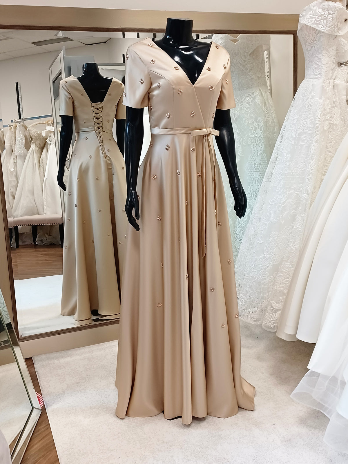 M001-Champagne  Short Sleeve Faux-Wrap  Hand Beaded Floor Length Gown