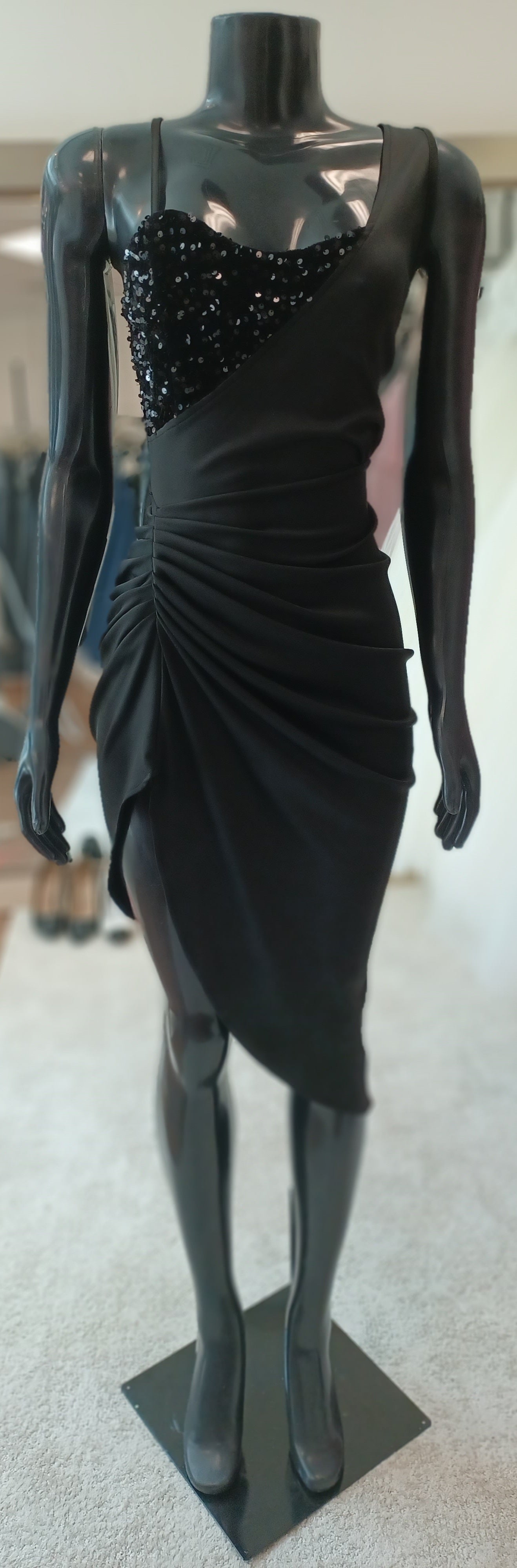 LBD010 - Black Asymetrical  Sequin Top ,Ruched Cocktail Dress
