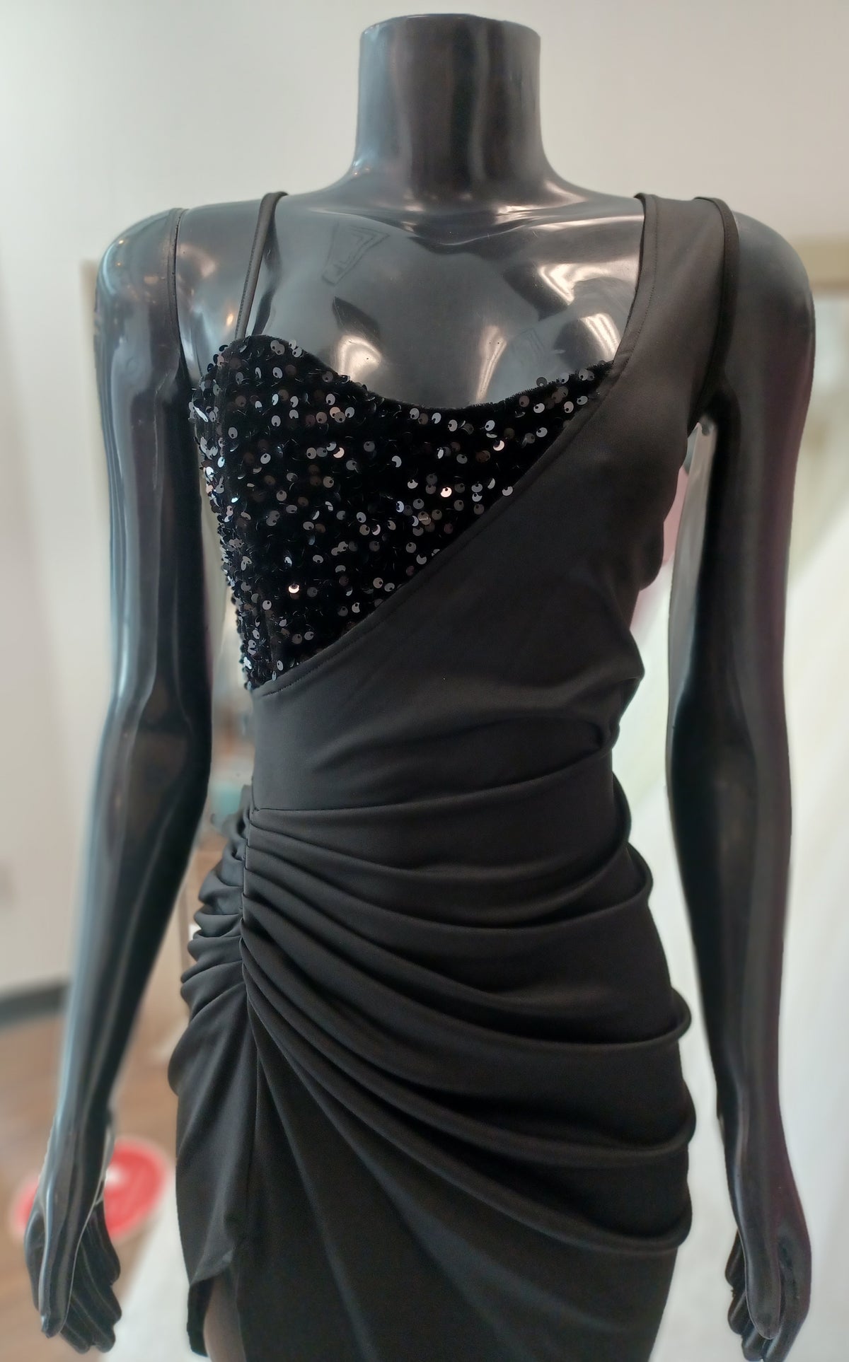 LBD010 - Black Asymetrical  Sequin Top ,Ruched Cocktail Dress