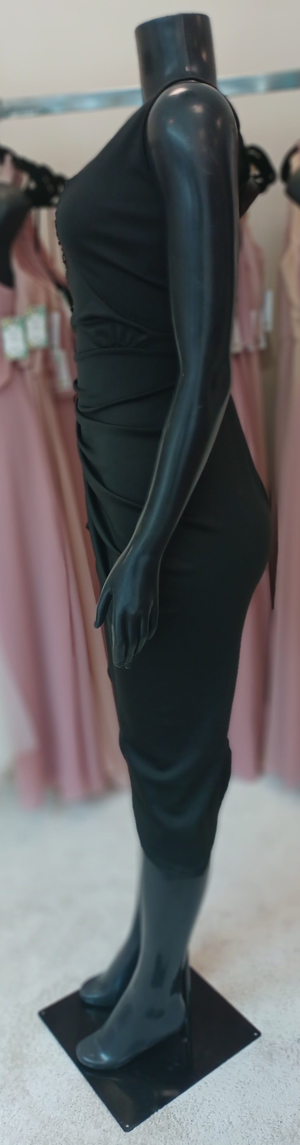 LBD010 - Black Asymetrical  Sequin Top ,Ruched Cocktail Dress