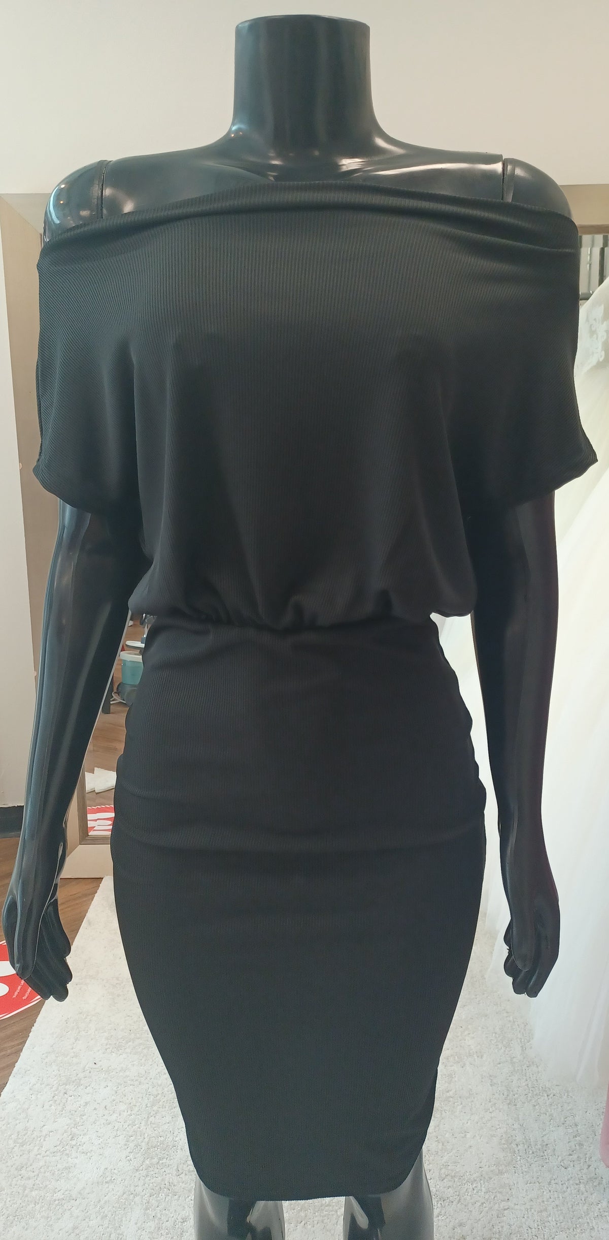 LBD008 - Off Shoulder High Waist Short Sleeve Midi Dress