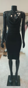 LBD001-Body-Con Open Back Mini Dress with Hanging Cowl & Adjustable Side Straps