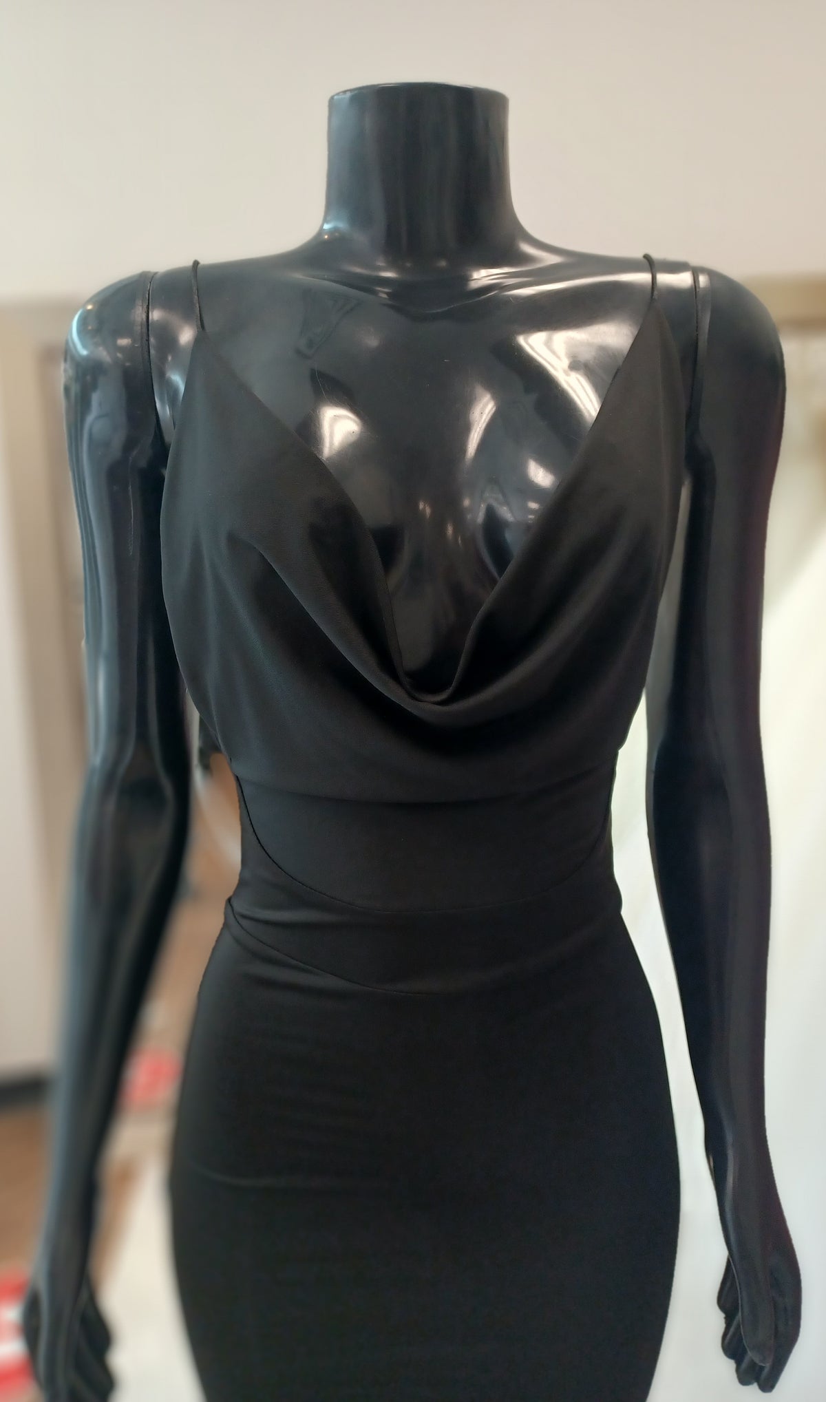 LBD001-Body-Con Open Back Mini Dress with Hanging Cowl & Adjustable Side Straps
