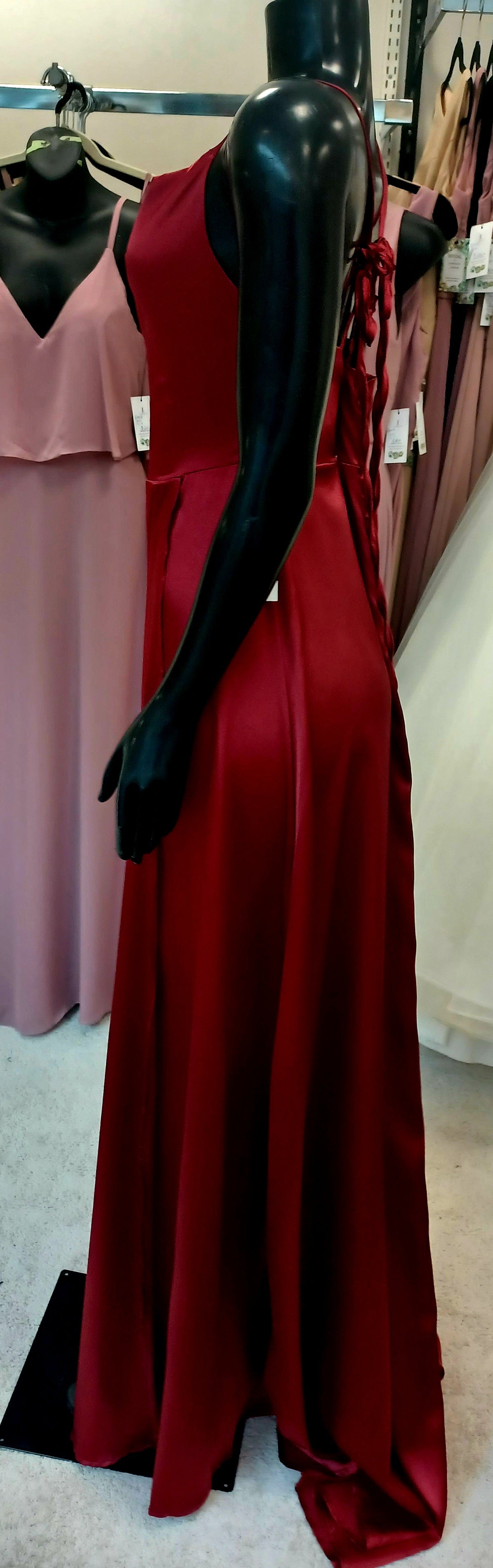 P012- Red Satin Full-length Slit Dress
