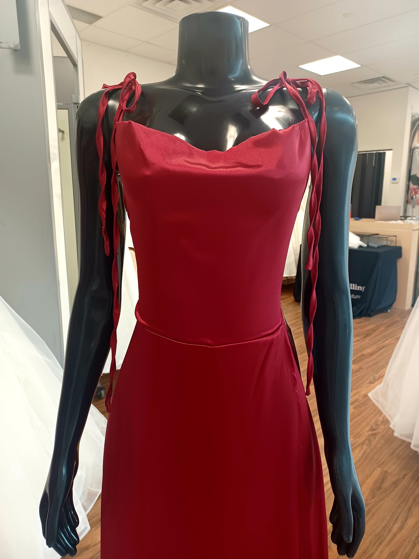 P012- Red Satin Full-length Slit Dress
