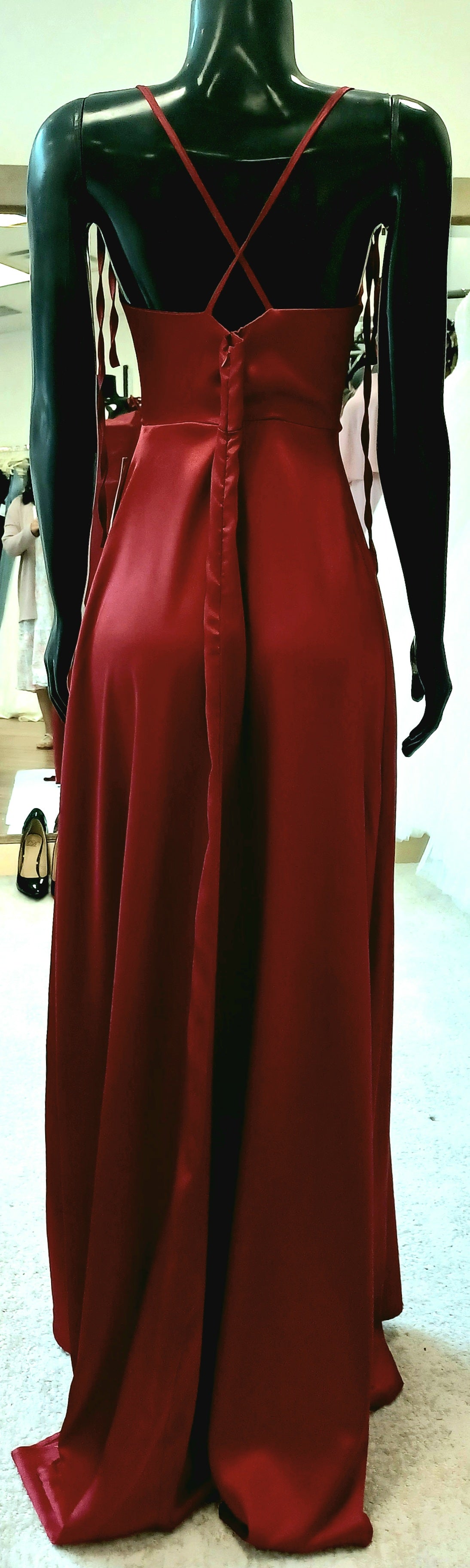 P012- Red Satin Full-length Slit Dress