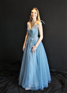 P001-Dusty Blue Illusion Top, Floor Length  , Tie-up spaghetti straps , with Hand Beaded Floral Brocade