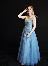 Load image into Gallery viewer, P001-Dusty Blue Illusion Top, Floor Length  , Tie-up spaghetti straps , with Hand Beaded Floral Brocade