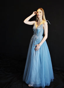 P001-Dusty Blue Illusion Top, Floor Length  , Tie-up spaghetti straps , with Hand Beaded Floral Brocade