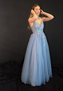 P001-Dusty Blue Illusion Top, Floor Length  , Tie-up spaghetti straps , with Hand Beaded Floral Brocade