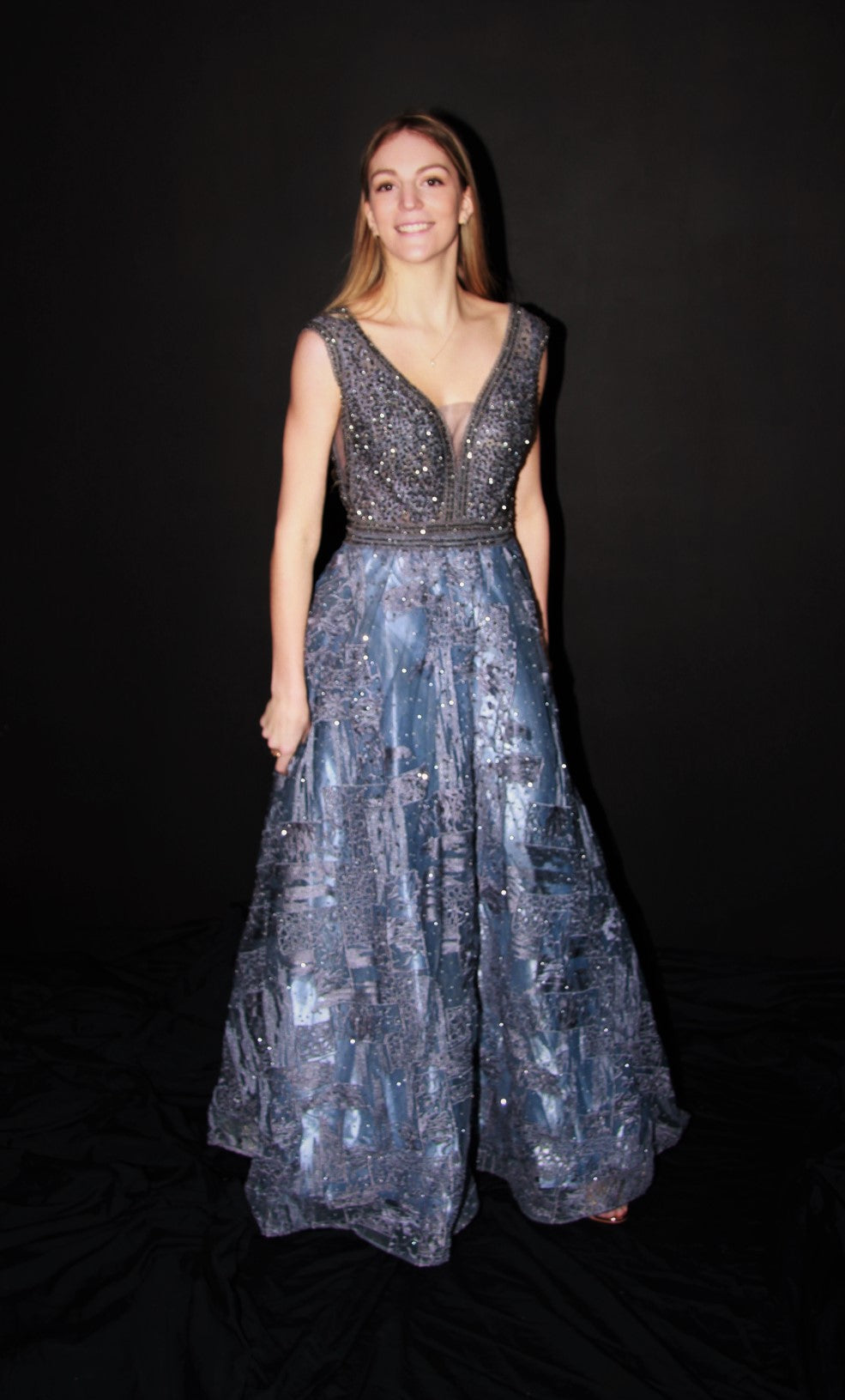M003-Dusty Steel  Blue  Hand Beaded Top & Hand Embroidered Skirt