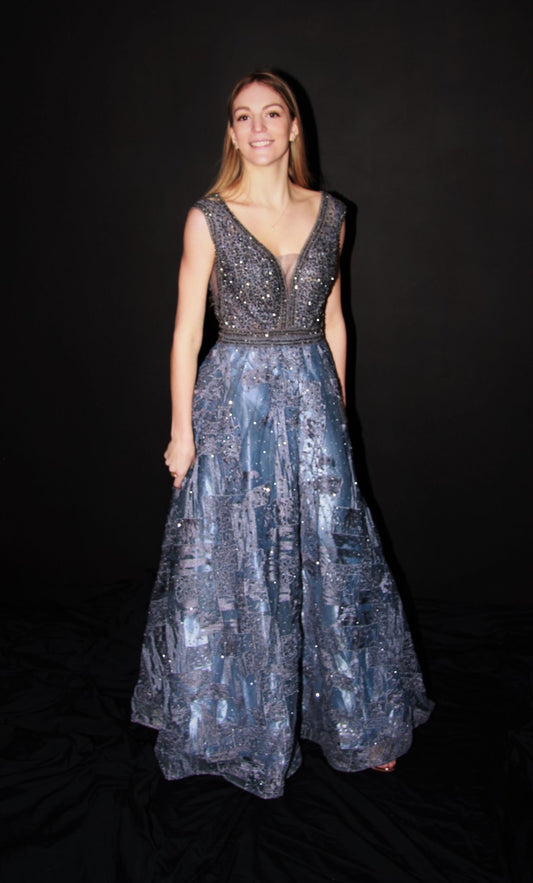 M003-Dusty Steel  Blue  Hand Beaded Top & Hand Embroidered Skirt