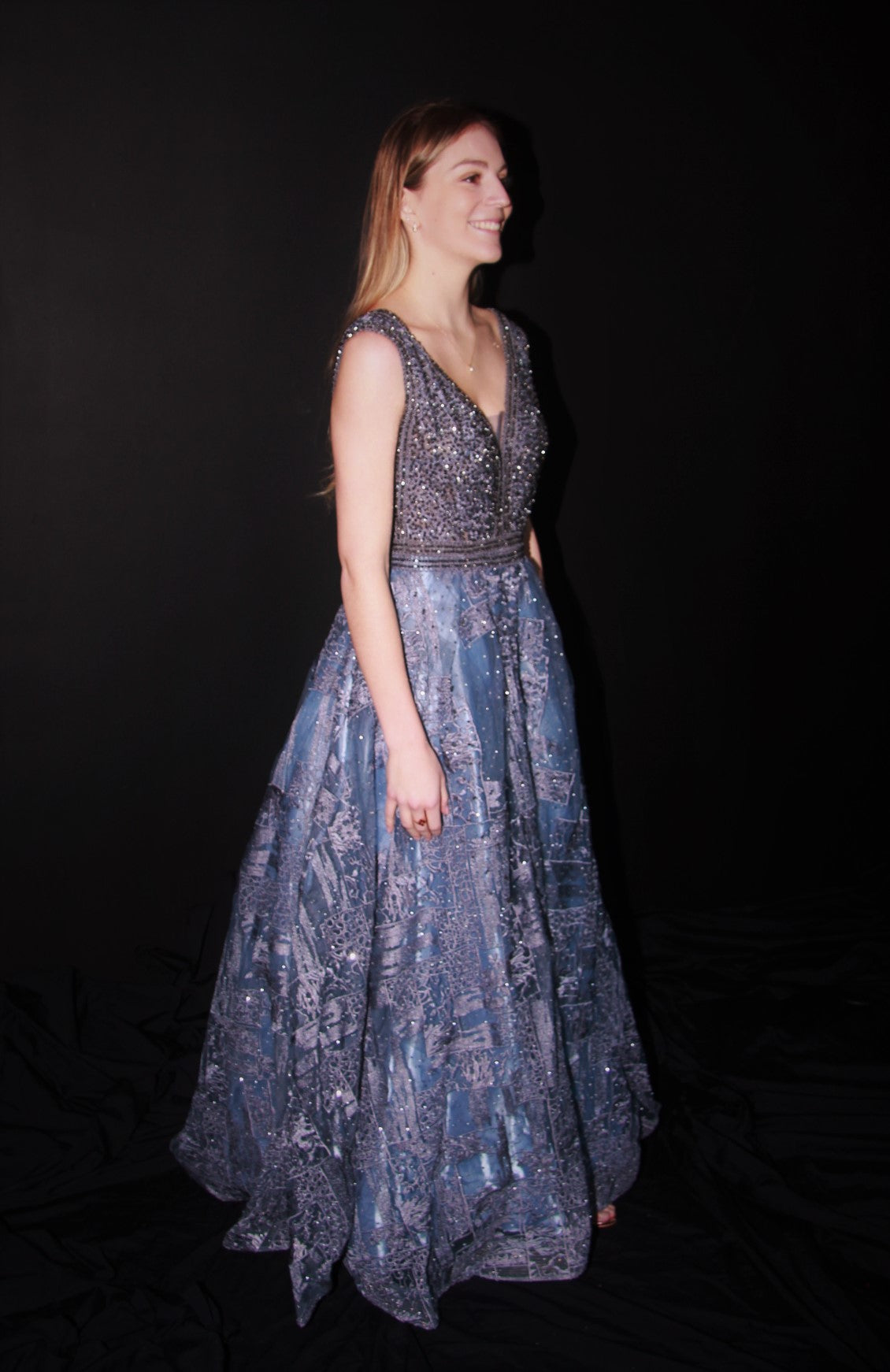 M003-Dusty Steel  Blue  Hand Beaded Top & Hand Embroidered Skirt