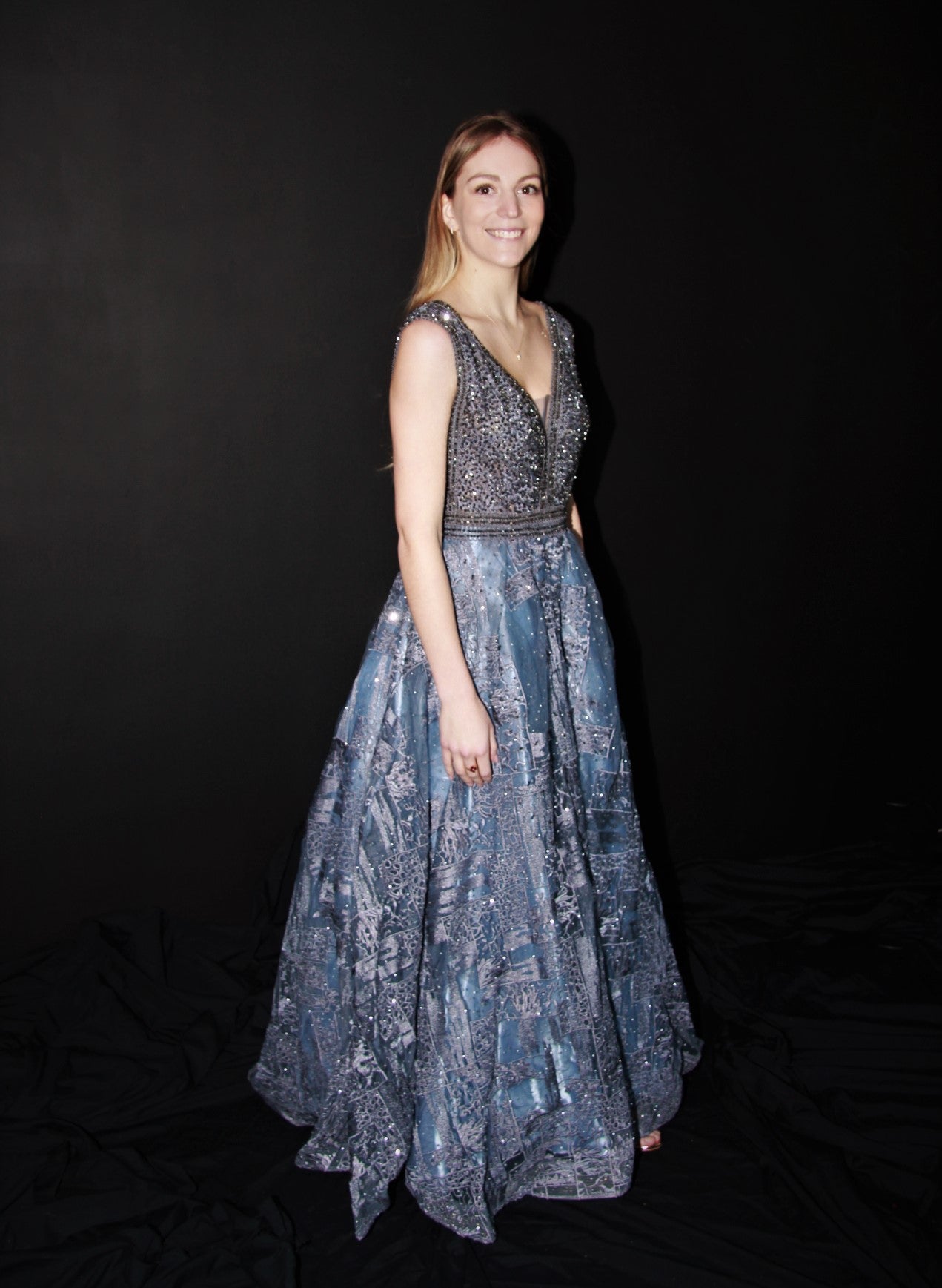 M003-Dusty Steel  Blue  Hand Beaded Top & Hand Embroidered Skirt