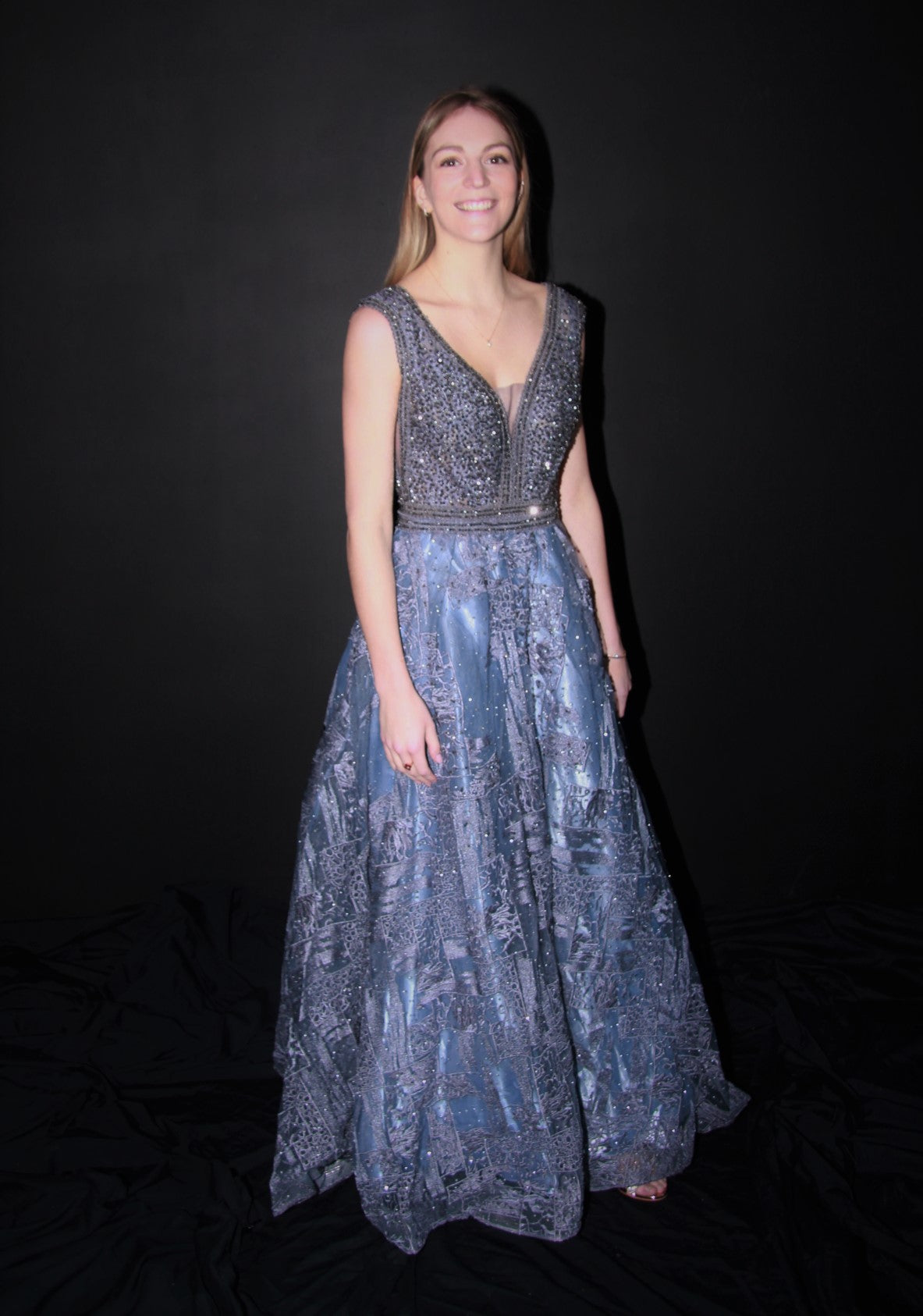 M003-Dusty Steel  Blue  Hand Beaded Top & Hand Embroidered Skirt