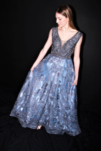 M003-Dusty Steel  Blue  Hand Beaded Top & Hand Embroidered Skirt