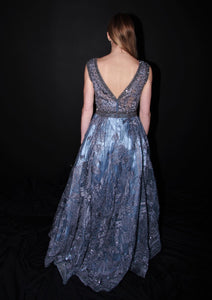 M003-Dusty Steel  Blue  Hand Beaded Top & Hand Embroidered Skirt