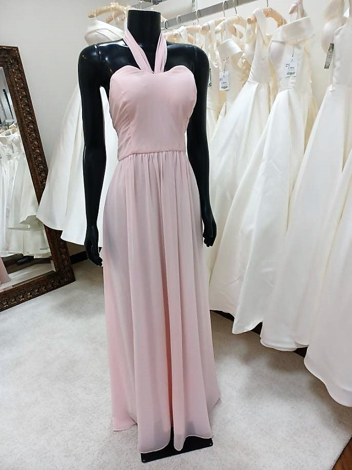BM014-Chiffon Blushing Pink Halter Top Bridesmaid Gown