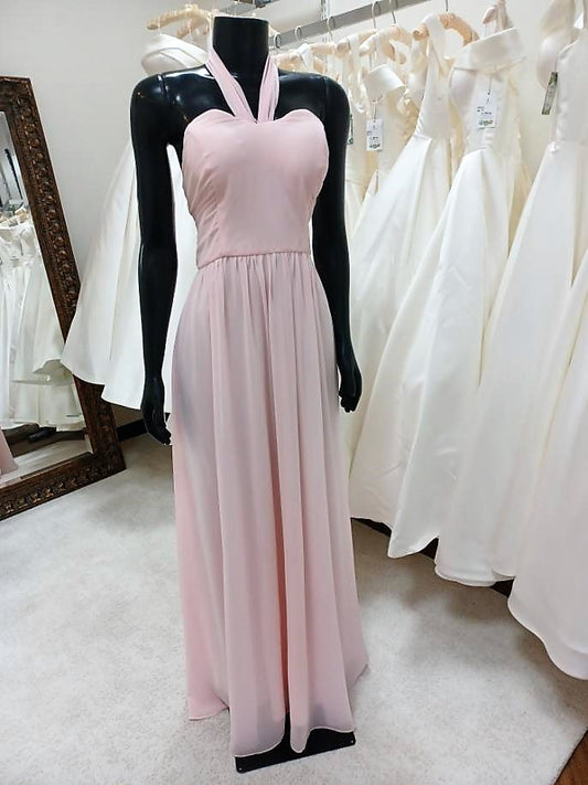BM014-Chiffon Blushing Pink Halter Top Bridesmaid Gown