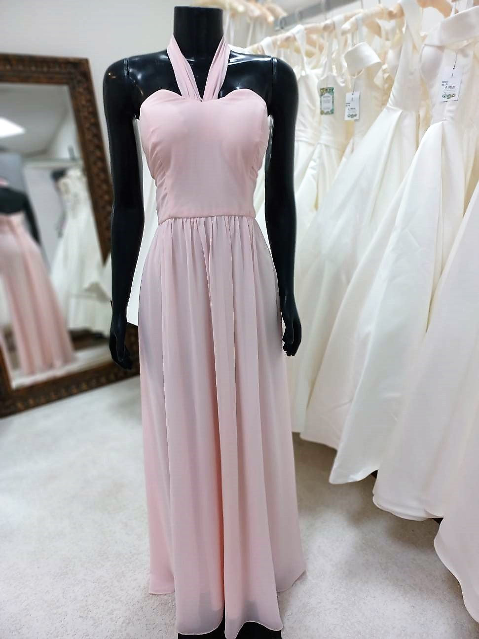 BM014-Chiffon Blushing Pink Halter Top Bridesmaid Gown