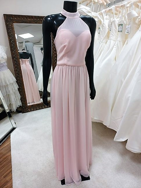 BM016 - Chiffon Blushing Pink Halter SweetHeart Illusion Neckline Bridesmaid Gown