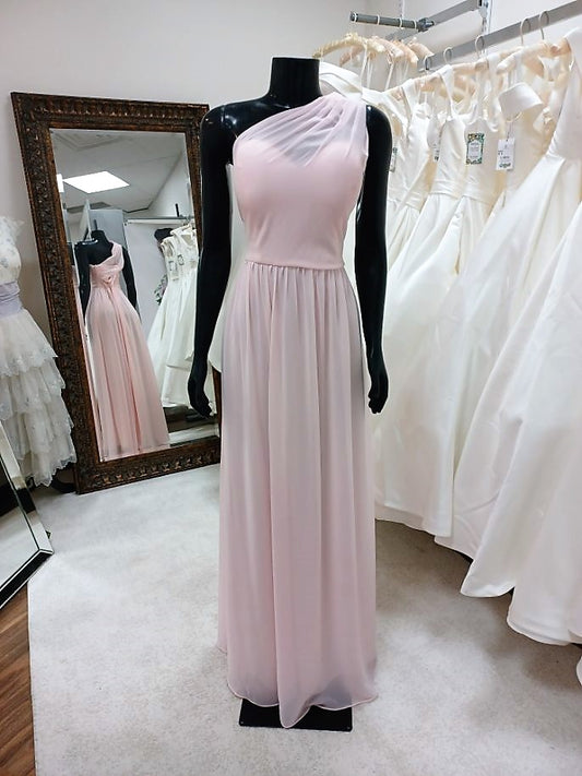 BM013- Chiffon Blushing Pink Rouched One Shoulder Bridesmaid Dress